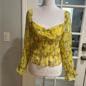 Fashion Nova Yellow Floral Smocked Peplum Blouse